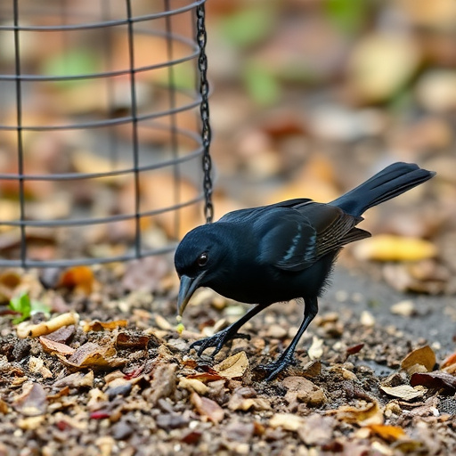 Blackbird feeding near ground fat ball cage