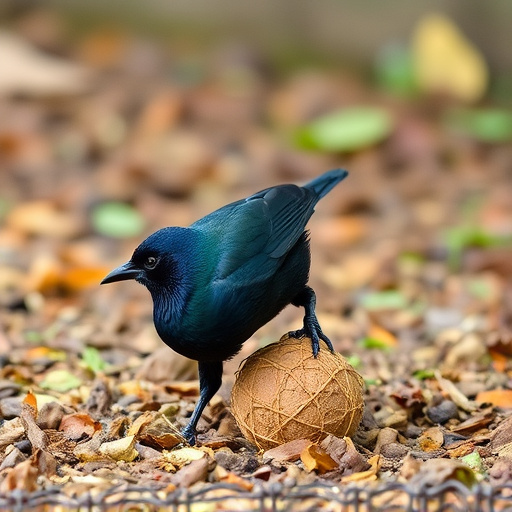 Blackbird feeding near ground fat ball cage