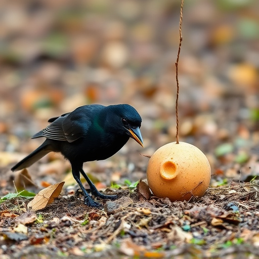 Blackbird feeding near ground fat ball cage