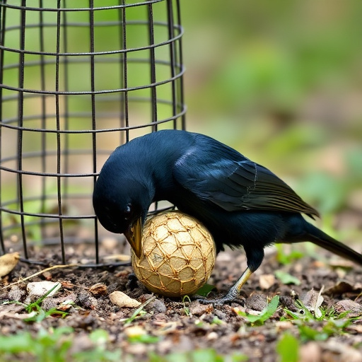 Blackbird feeding near ground fat ball cage