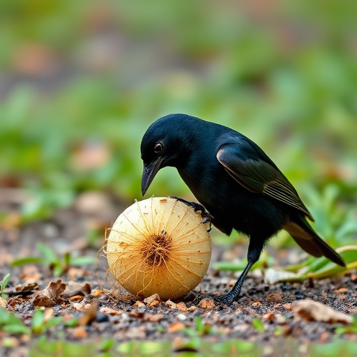 Blackbird feeding near ground fat ball cage
