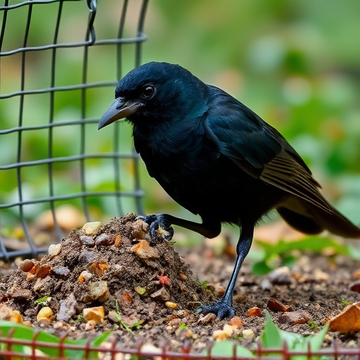 Blackbird feeding near ground fat ball cage