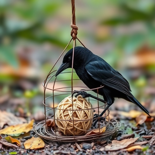 Blackbird feeding near ground fat ball cage