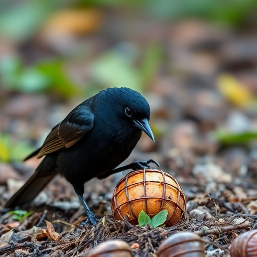 Blackbird feeding near ground fat ball cage