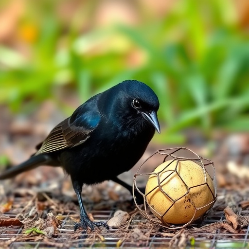 Blackbird feeding near ground fat ball cage