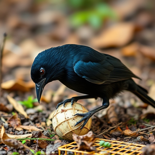 Blackbird feeding near ground fat ball cage