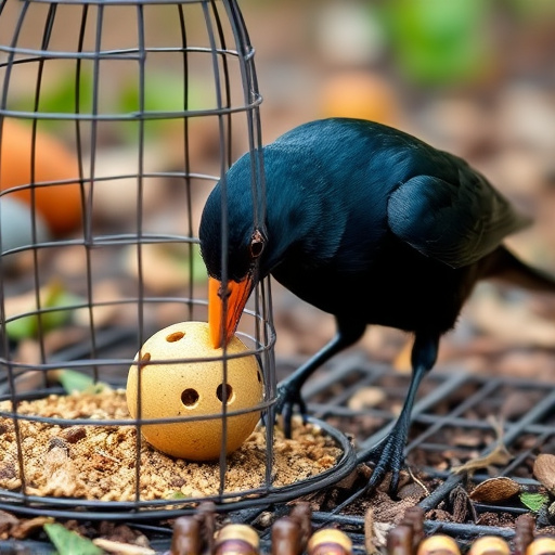 Blackbird feeding near ground fat ball cage