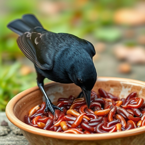 Blackbird feeding on mealworms in dish