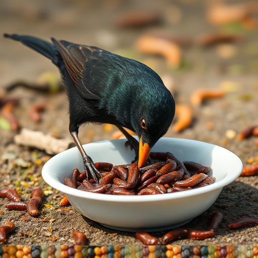 Blackbird feeding on mealworms in dish