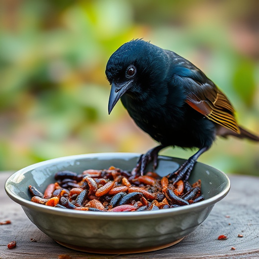 Blackbird feeding on mealworms in dish