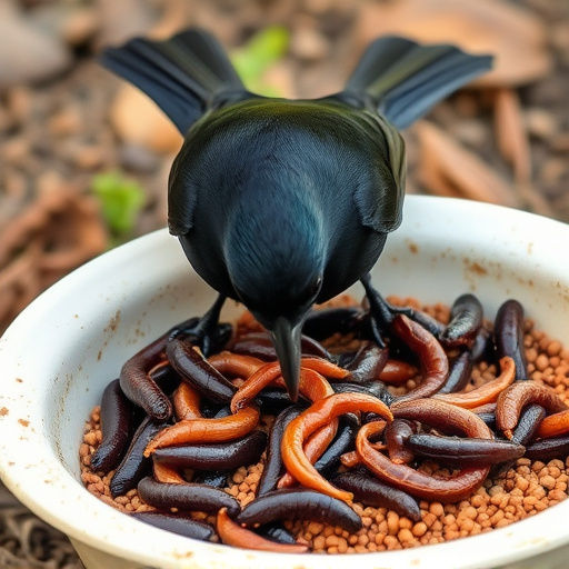 Blackbird feeding on mealworms in dish