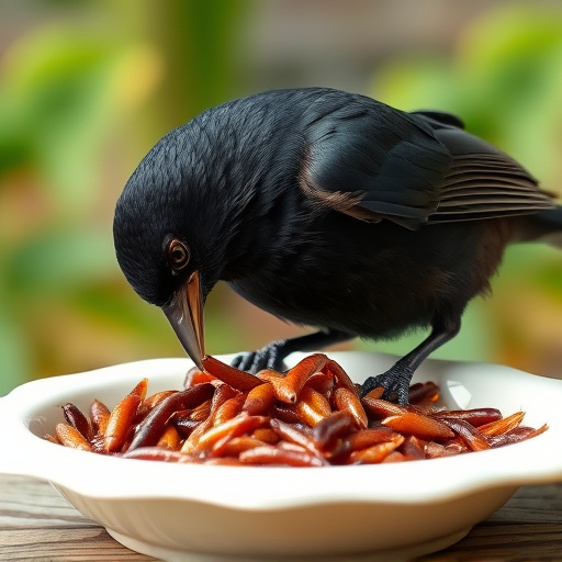 Blackbird feeding on mealworms in dish