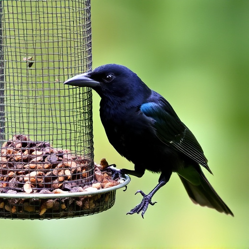 Blackbird pecking from mesh ground feeder