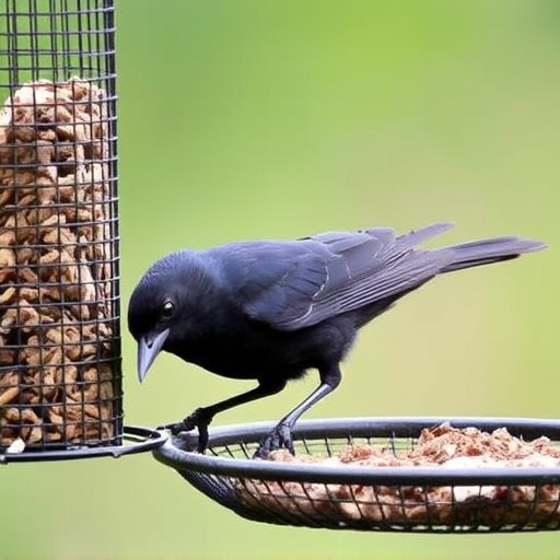 Blackbird pecking from mesh ground feeder