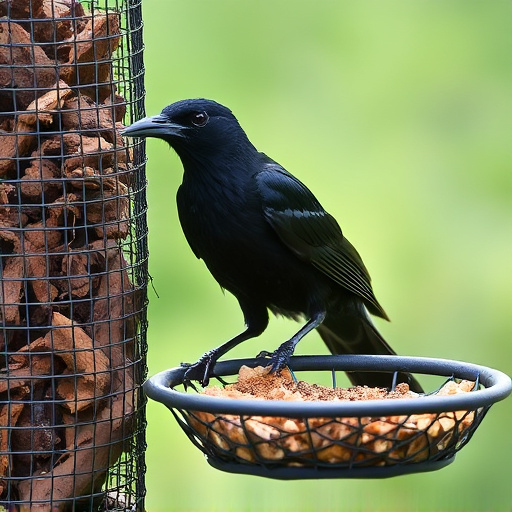 Blackbird pecking from mesh ground feeder