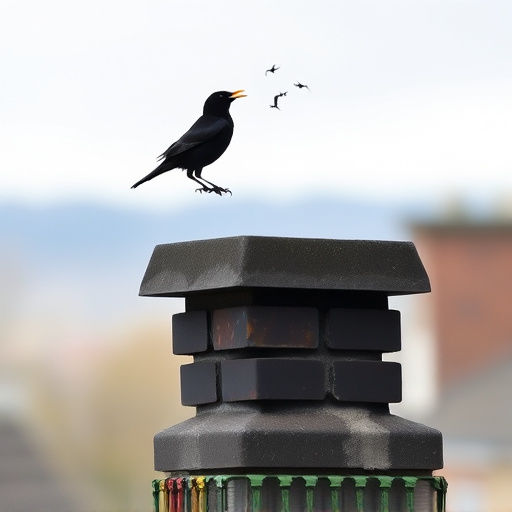 Blackbird singing from rooftop chimney