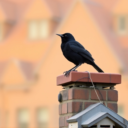 Blackbird singing from rooftop chimney