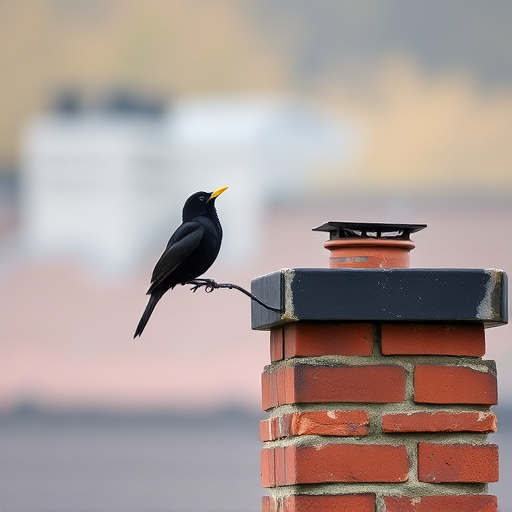 Blackbird singing from rooftop chimney