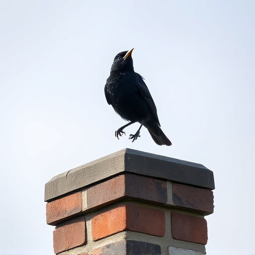 Blackbird singing from rooftop chimney