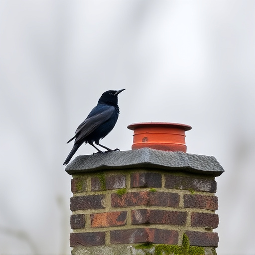 Blackbird singing from rooftop chimney