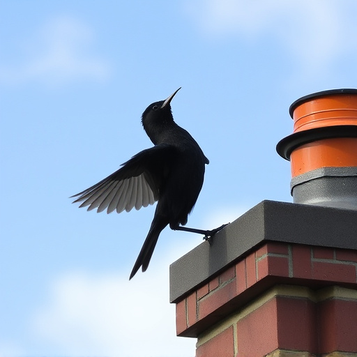 Blackbird singing from rooftop chimney