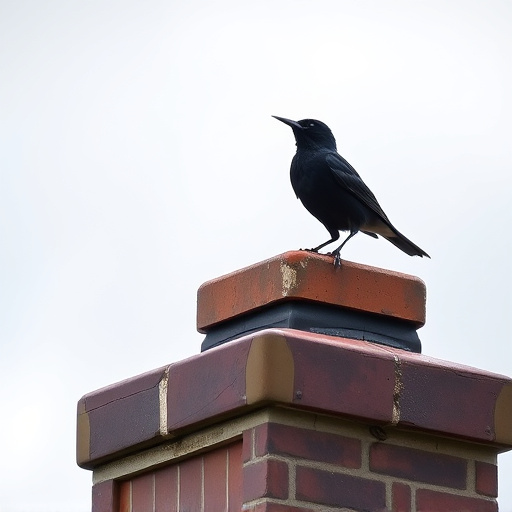 Blackbird singing from rooftop chimney