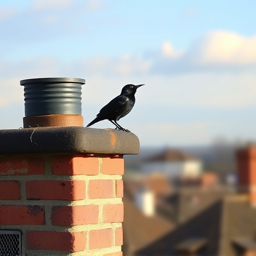 Blackbird singing from rooftop chimney