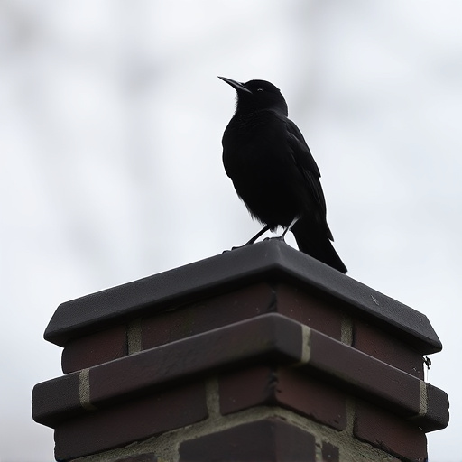 Blackbird singing from rooftop chimney