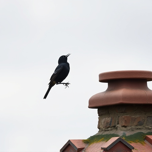 Blackbird singing from rooftop chimney