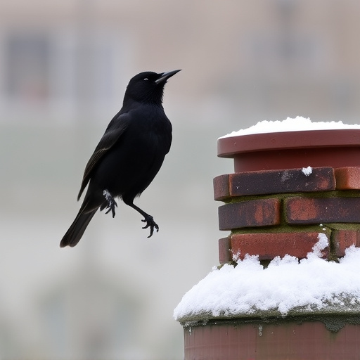 Blackbird singing from rooftop chimney