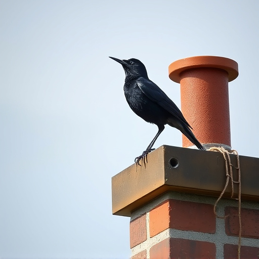 Blackbird singing from rooftop chimney