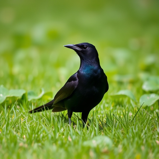 Blackbird standing on lush green lawn