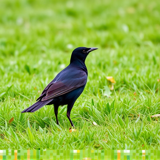 Blackbird standing on lush green lawn