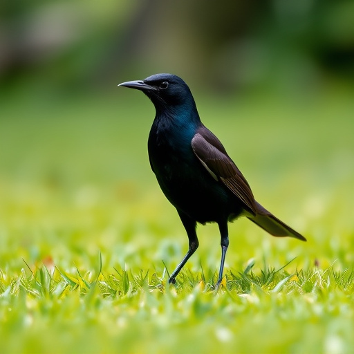 Blackbird standing on lush green lawn