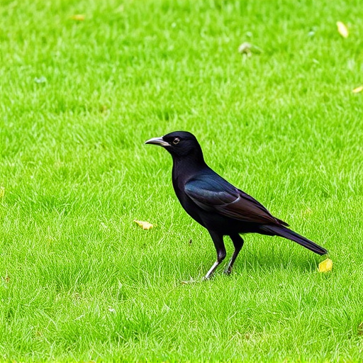Blackbird standing on lush green lawn