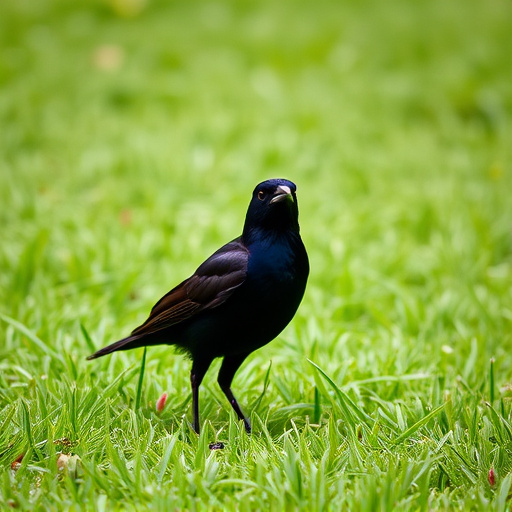 Blackbird standing on lush green lawn