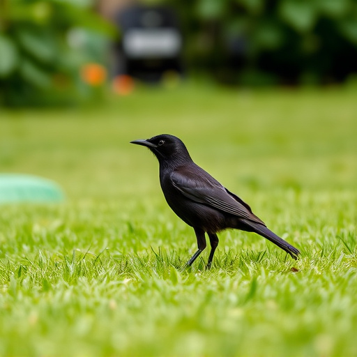 Blackbird standing on lush green lawn