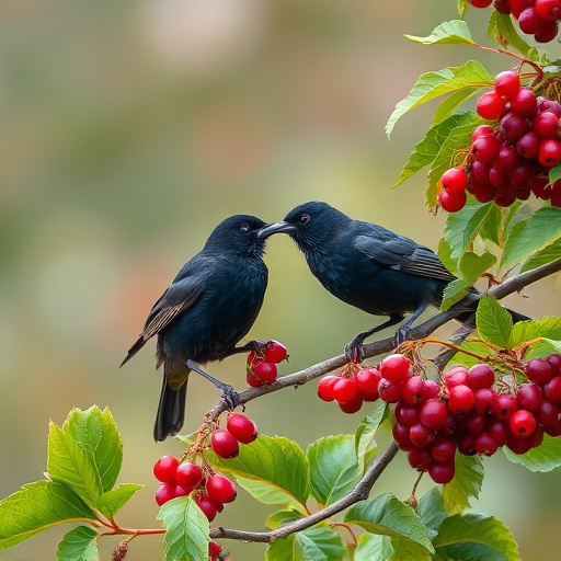Blackbirds pecking at berries