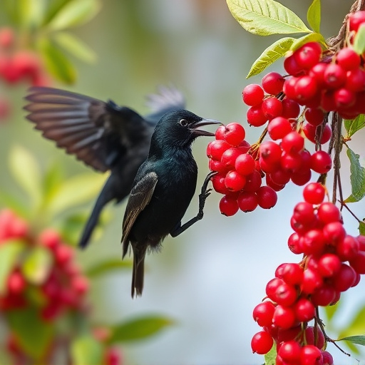 Blackbirds pecking at berries