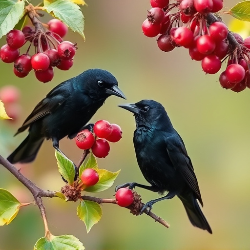 Blackbirds pecking at berries