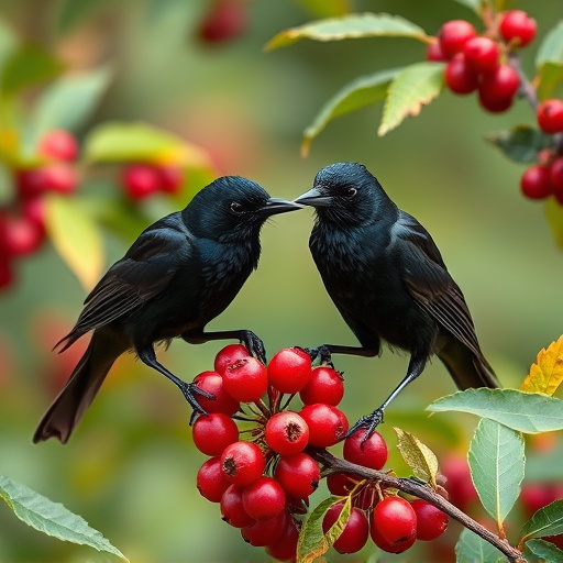 Blackbirds pecking at berries