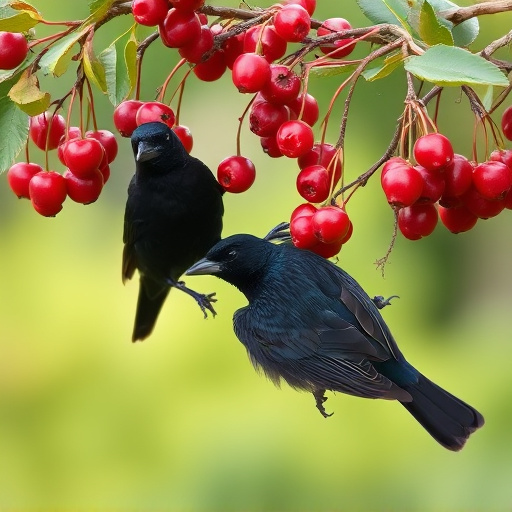 Blackbirds pecking at berries