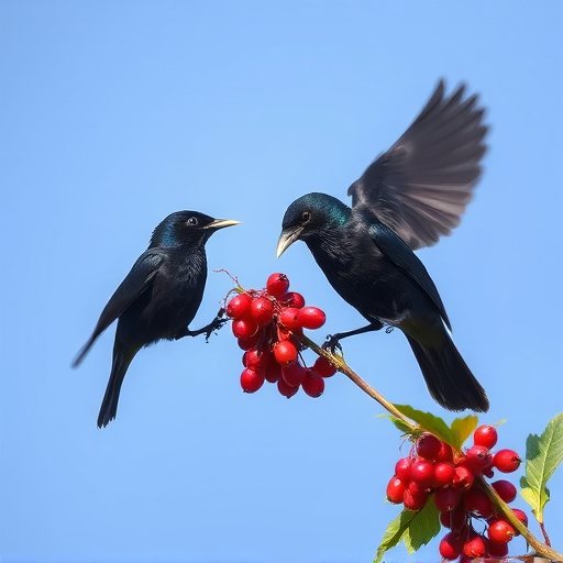 Blackbirds pecking at berries