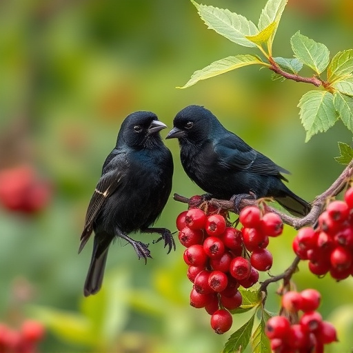 Blackbirds pecking at berries