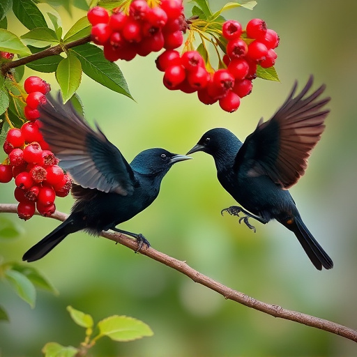 Blackbirds pecking at berries