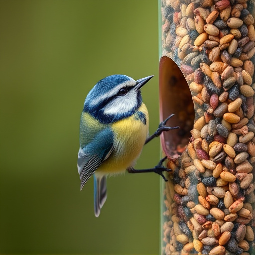 Blue tit clinging to feeder tube