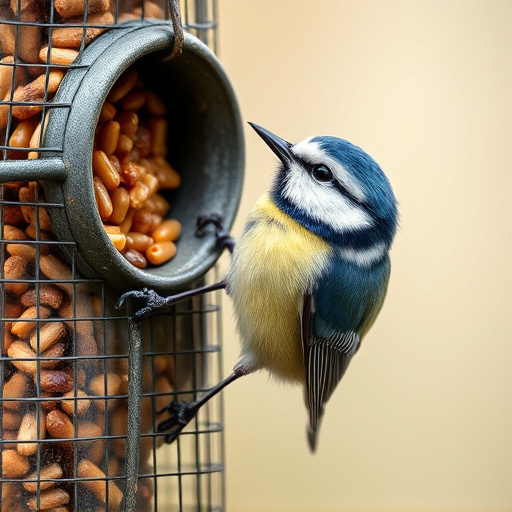Blue tit clinging to feeder tube