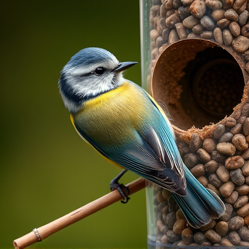 Blue tit clinging to feeder tube