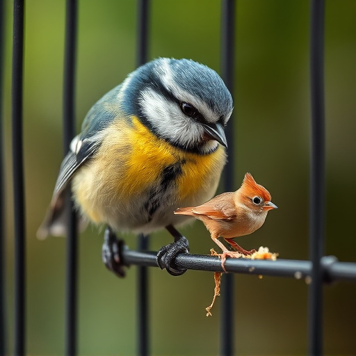 Blue tit eating suet from hanging cage