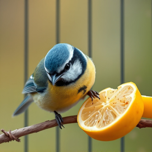 Blue tit eating suet from hanging cage